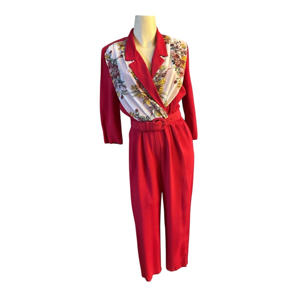 80’s/90’s D.C. Petites Red Belted Trouser Jumpsuit Women’s Size 8 Floral-Print